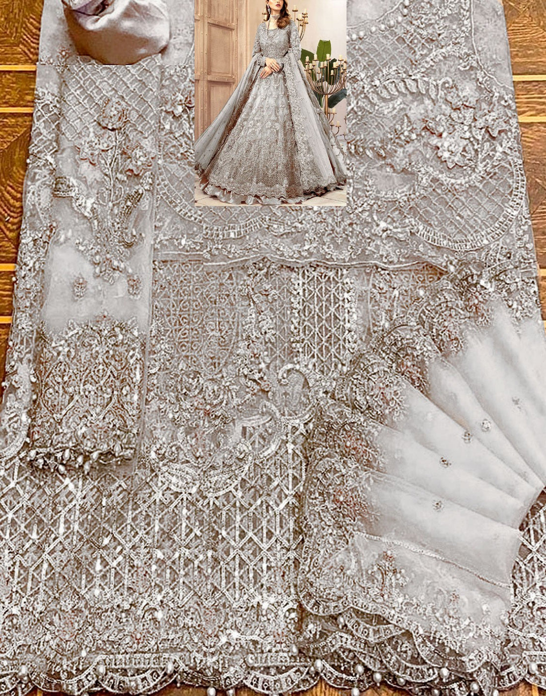 Luxurious 3D Handwork & Embroidered Grey Net Bridal Maxi Dress