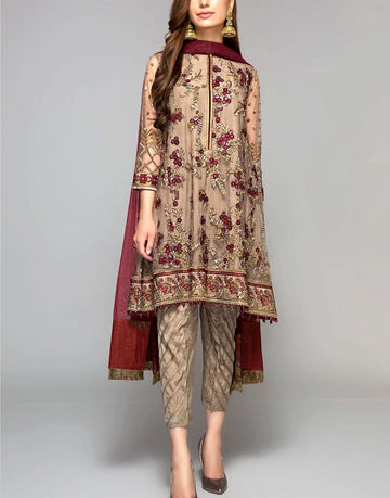 3D Work & Heavy Embroidered Beige Chiffon Dress for Formal & Party Wear