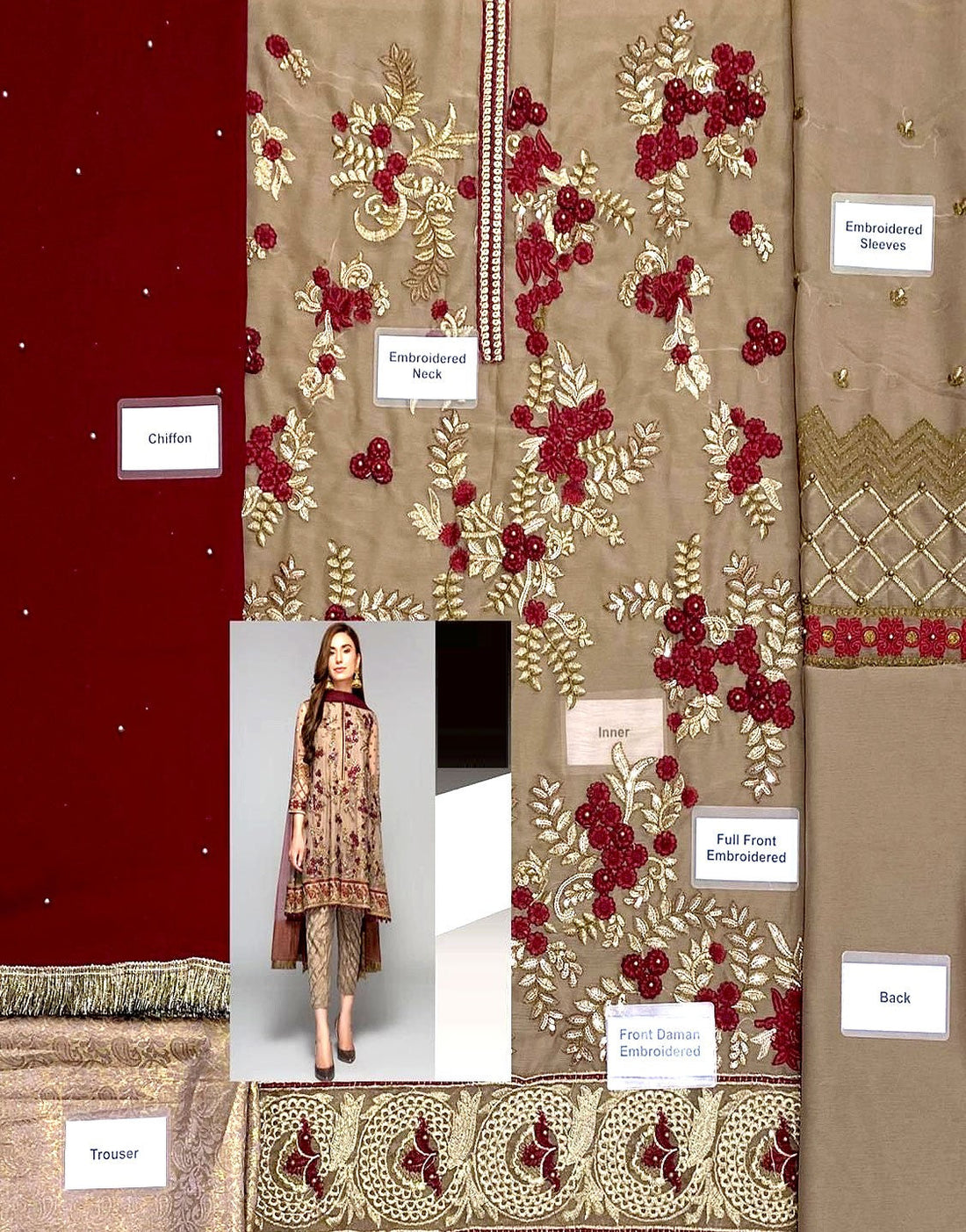 3D Work & Heavy Embroidered Beige Chiffon Dress for Formal & Party Wear