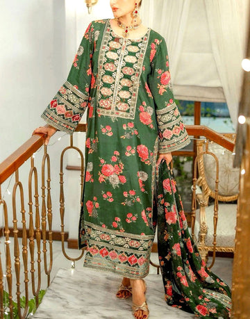 Aneela's Digital Print Embroidered Green Silk Party Wear Dress