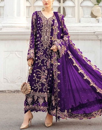 Heavy Embroidered with Adda-Work Violet Chiffon Dress for Wedding & Party Wear