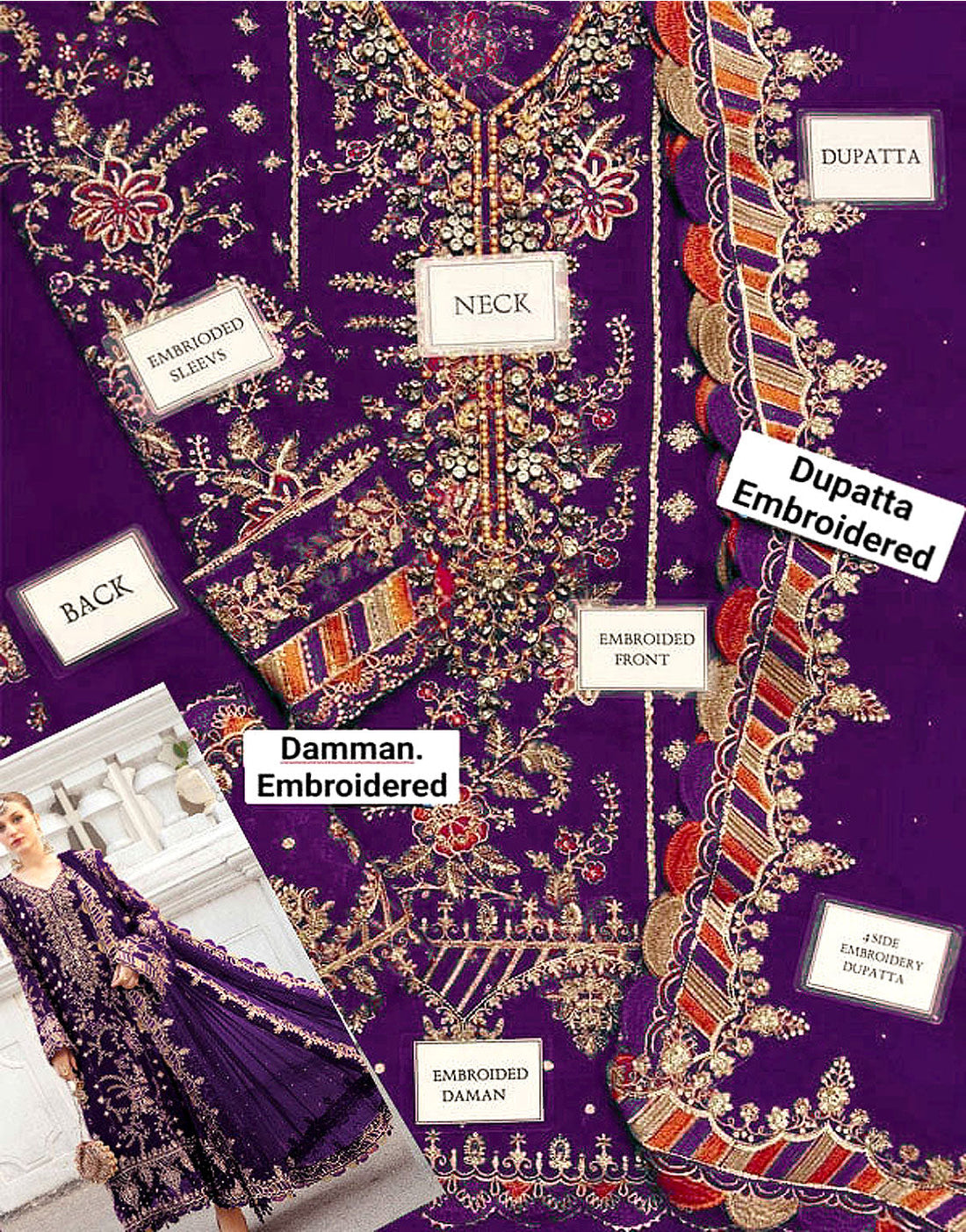Heavy Embroidered with Adda-Work Violet Chiffon Dress for Wedding & Party Wear