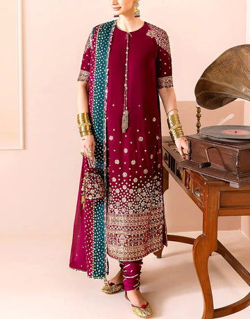 Luxe Embroidered Ruby Pink Velvet Party Dress with Matching Potli Bag
