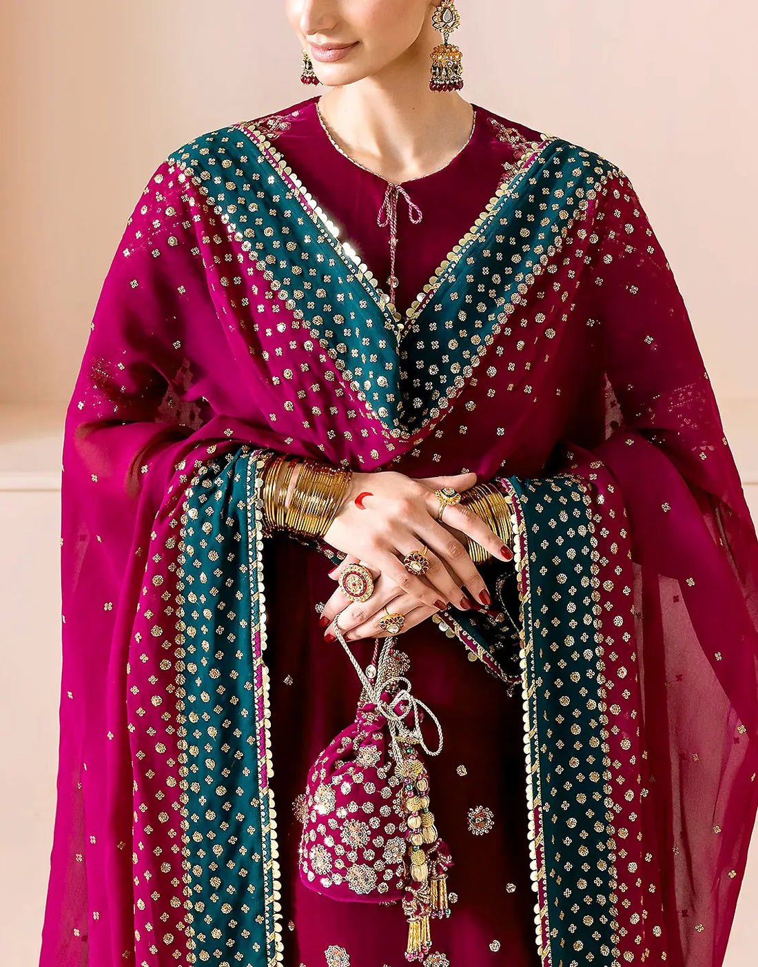 Luxe Embroidered Ruby Pink Velvet Party Dress with Matching Potli Bag