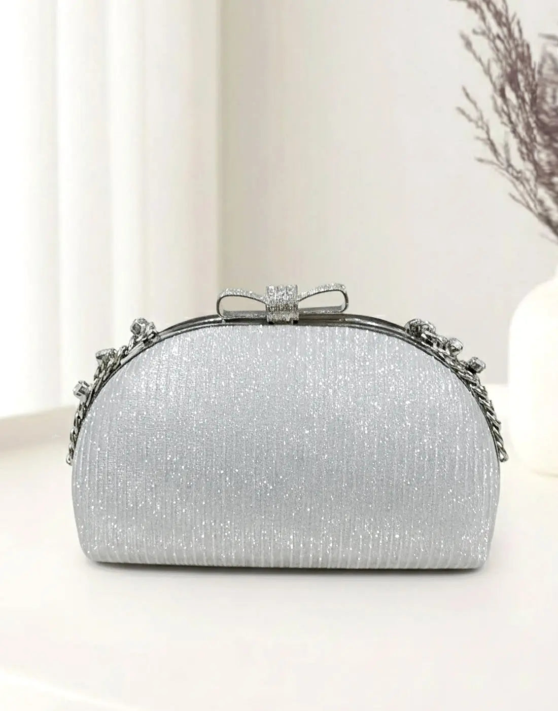 Glittering Bow Clasp Silver Clutch Bag for Party & Formal Events