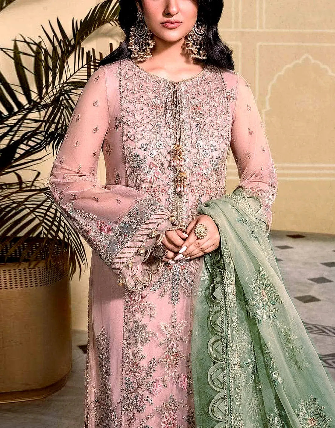 Luxe Embroidered & Handcrafted Neck Blush Pink Organza Dress with Mint Green Net Dupatta