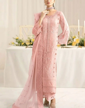 Heavy Embroidered Blush Pink Chiffon Formal Party & Wedding Dress with Handcrafted Neckline