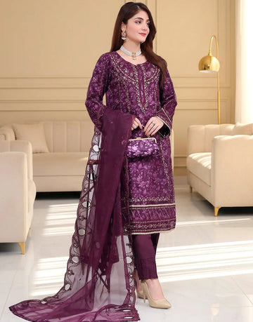 Haleema Semi-Stitched Premium Embroidered Organza Party Dress with Matching Cutch Bag