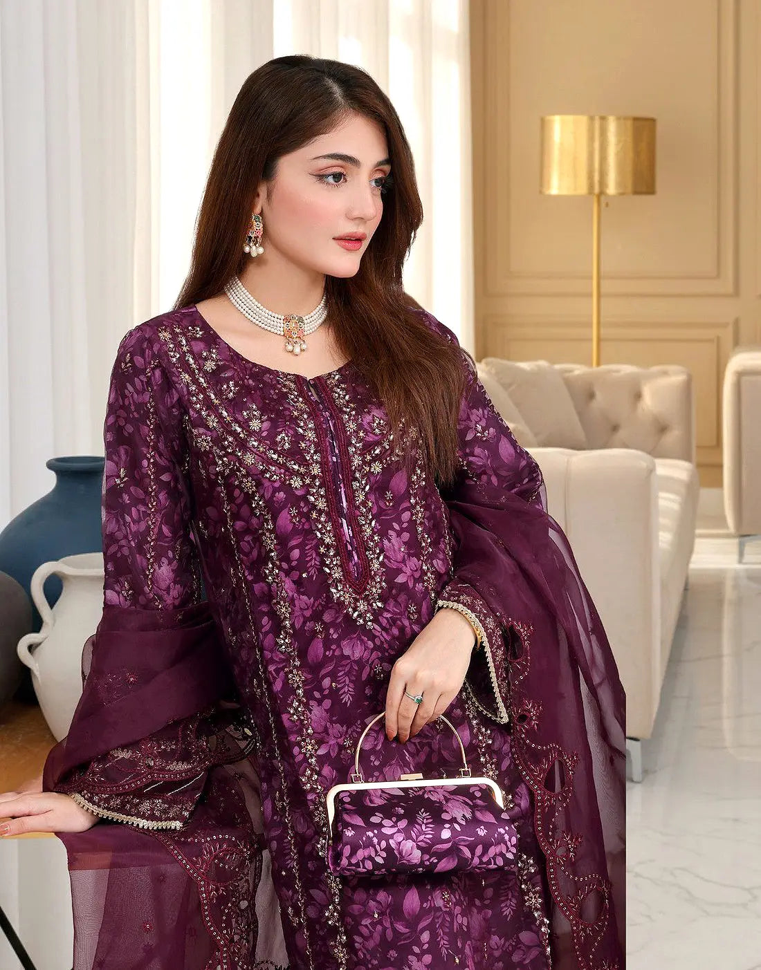 Haleema Semi-Stitched Premium Embroidered Organza Party Dress with Matching Cutch Bag