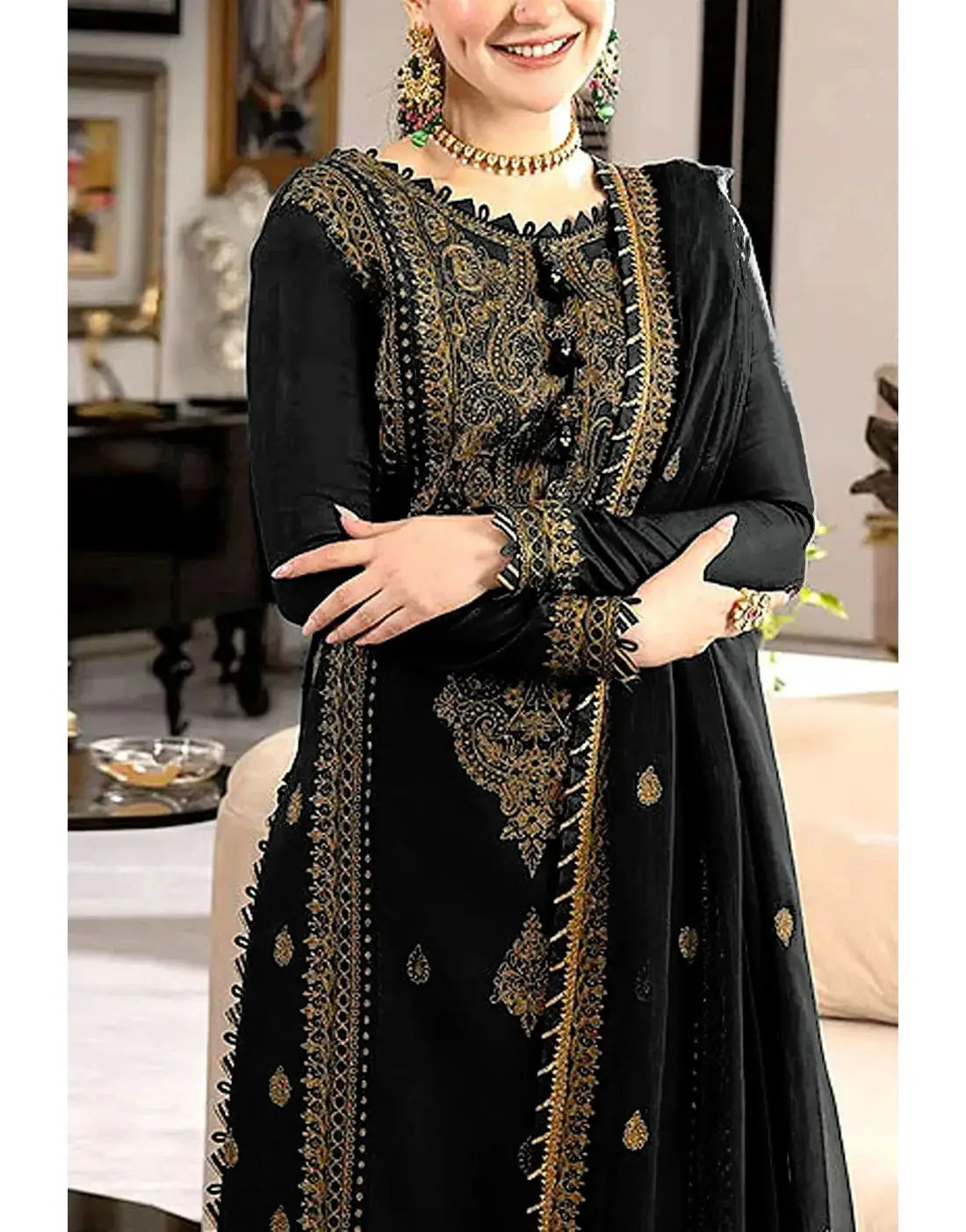 Premium Heavy Embroidered Black Chiffon Party Wear Dress