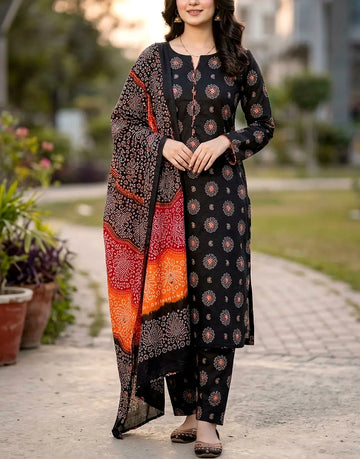 SALE—All-Over Printed 3-Piece Black Lawn Dress Design with Printed Lawn Dupatta