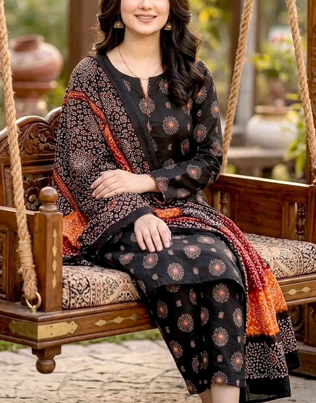 SALE—All-Over Printed 3-Piece Black Lawn Dress Design with Printed Lawn Dupatta