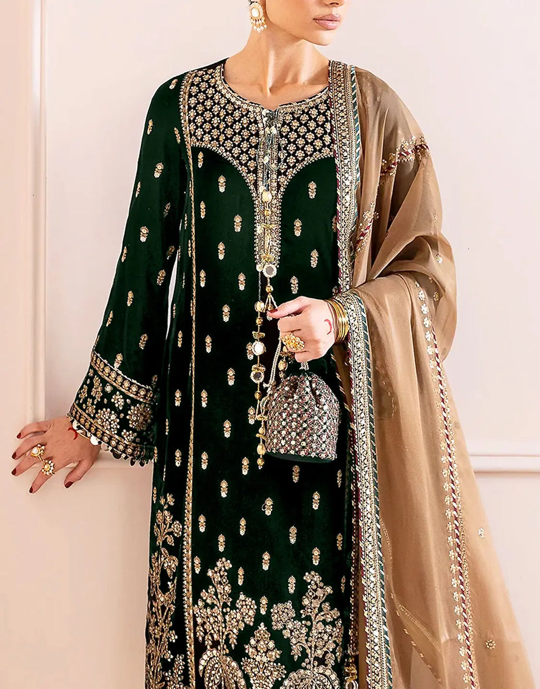 Luxe Embroidered Bottle Green Velvet Dress for Wedding & Party