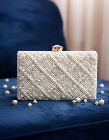 Stylish White Beaded Clutch Bag – Geometric Design for Weddings & Party Wear