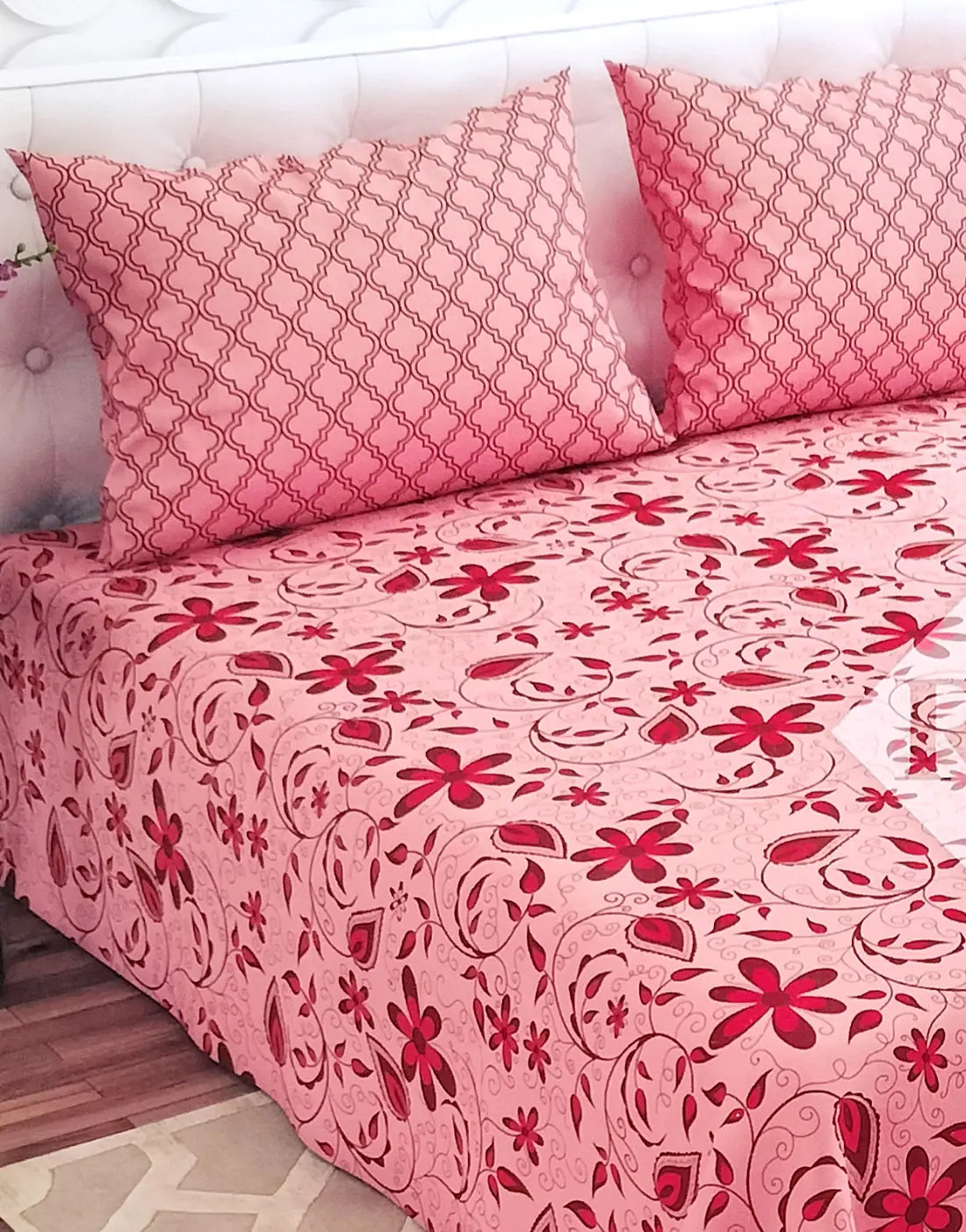 Salonika 3-Piece Mix Cotton Pink King Size Bedsheet with Pillow Covers