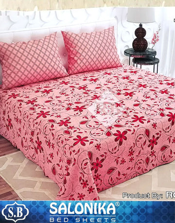 Salonika 3-Piece Mix Cotton Pink King Size Bedsheet with Pillow Covers