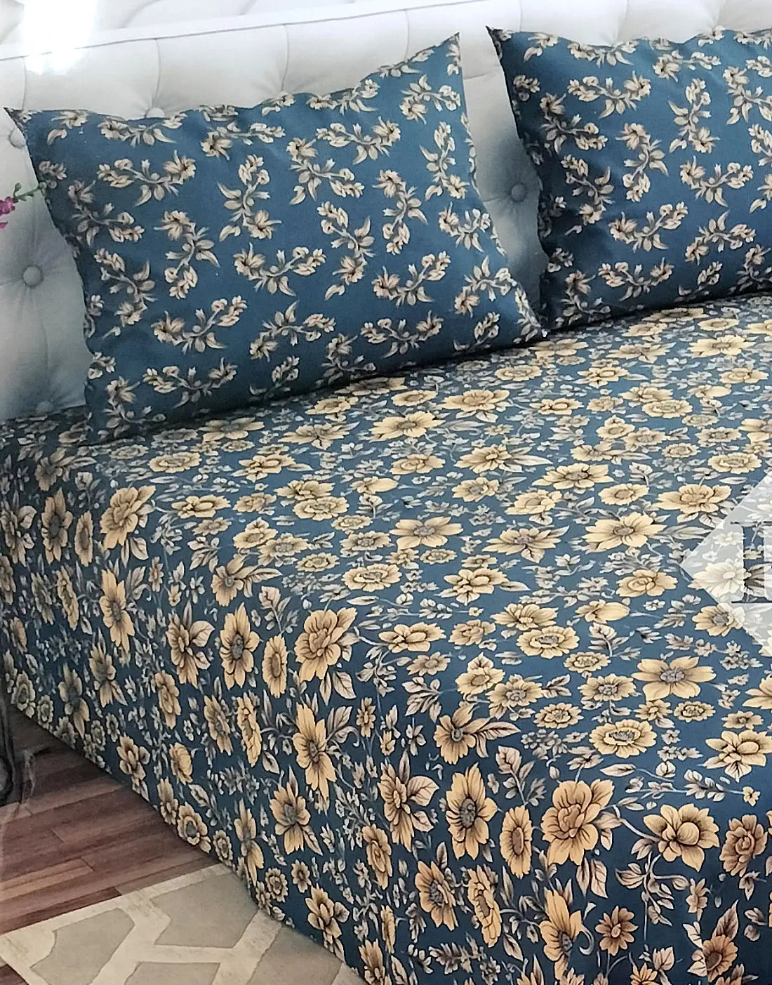 Salonika 3-Piece Mix Cotton Zinc Blue King Size Bedsheet with Pillow Covers