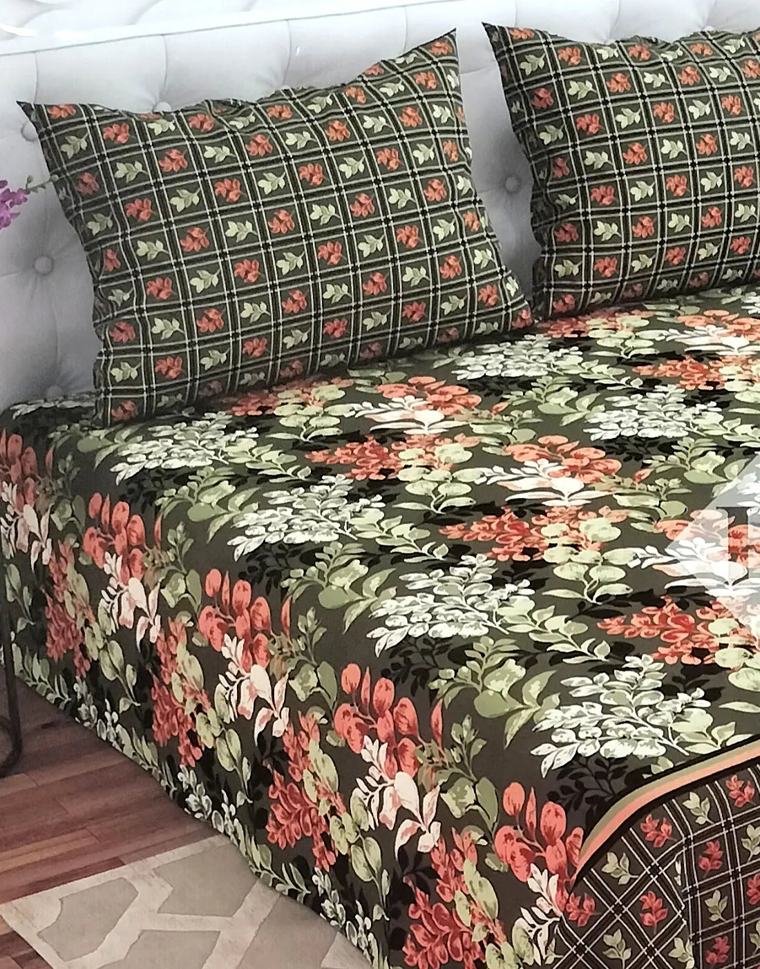 Salonika 3-Piece Mix Cotton Army Green King Size Bedsheet with Pillow Covers