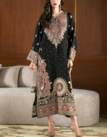 Luxury Embroidered Black Silk Modern Long Kaftan Dress – Perfect for Brides & Wedding Events 2026