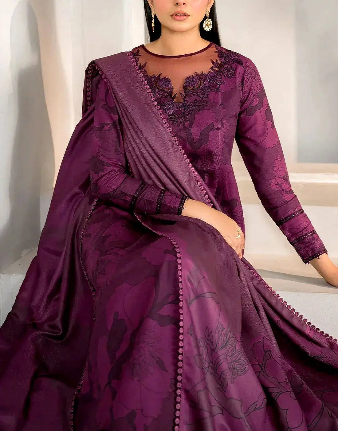 All-Over Digital Print Embroidered EID Lawn Dress with Silk Dupatta