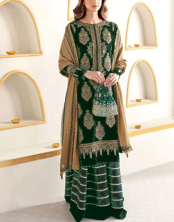 Royal Heavy Embroidered Bottle Green Velvet Dress for Party Wear & Weddings