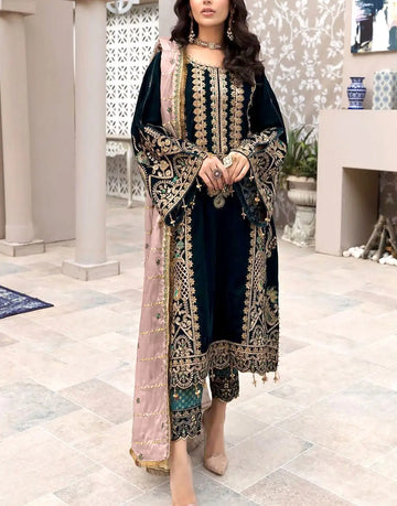 Deluxe Heavy Embroidered Black Velvet Bridal Dress - Perfect for Winter Events