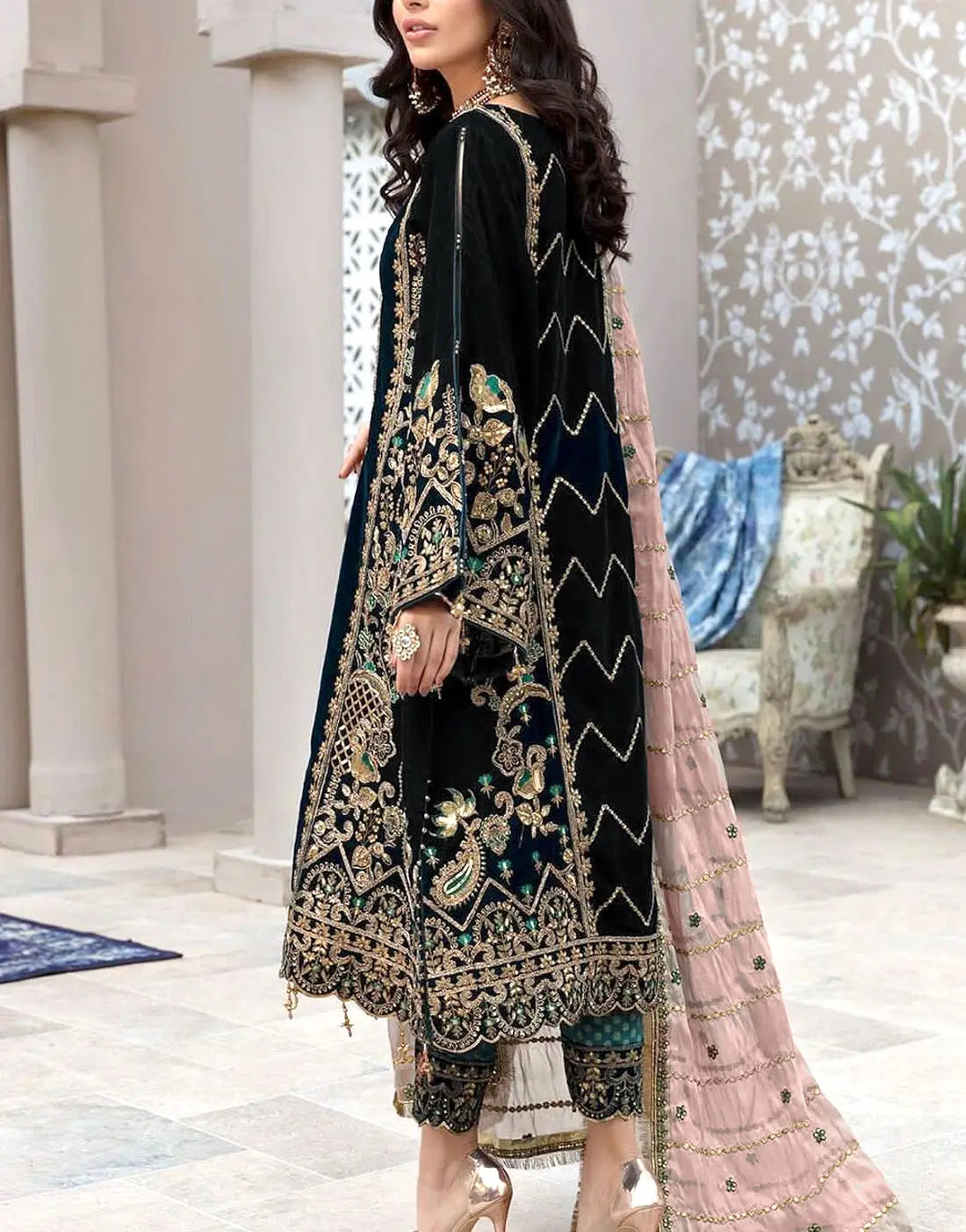 Deluxe Heavy Embroidered Black Velvet Bridal Dress - Perfect for Winter Events
