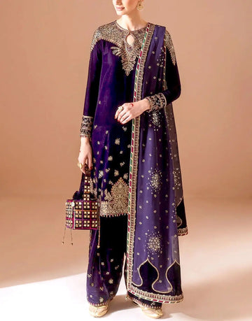Luxurious Embroidered Deep Purple Velvet Wedding Dress - Perfect for Winter Events