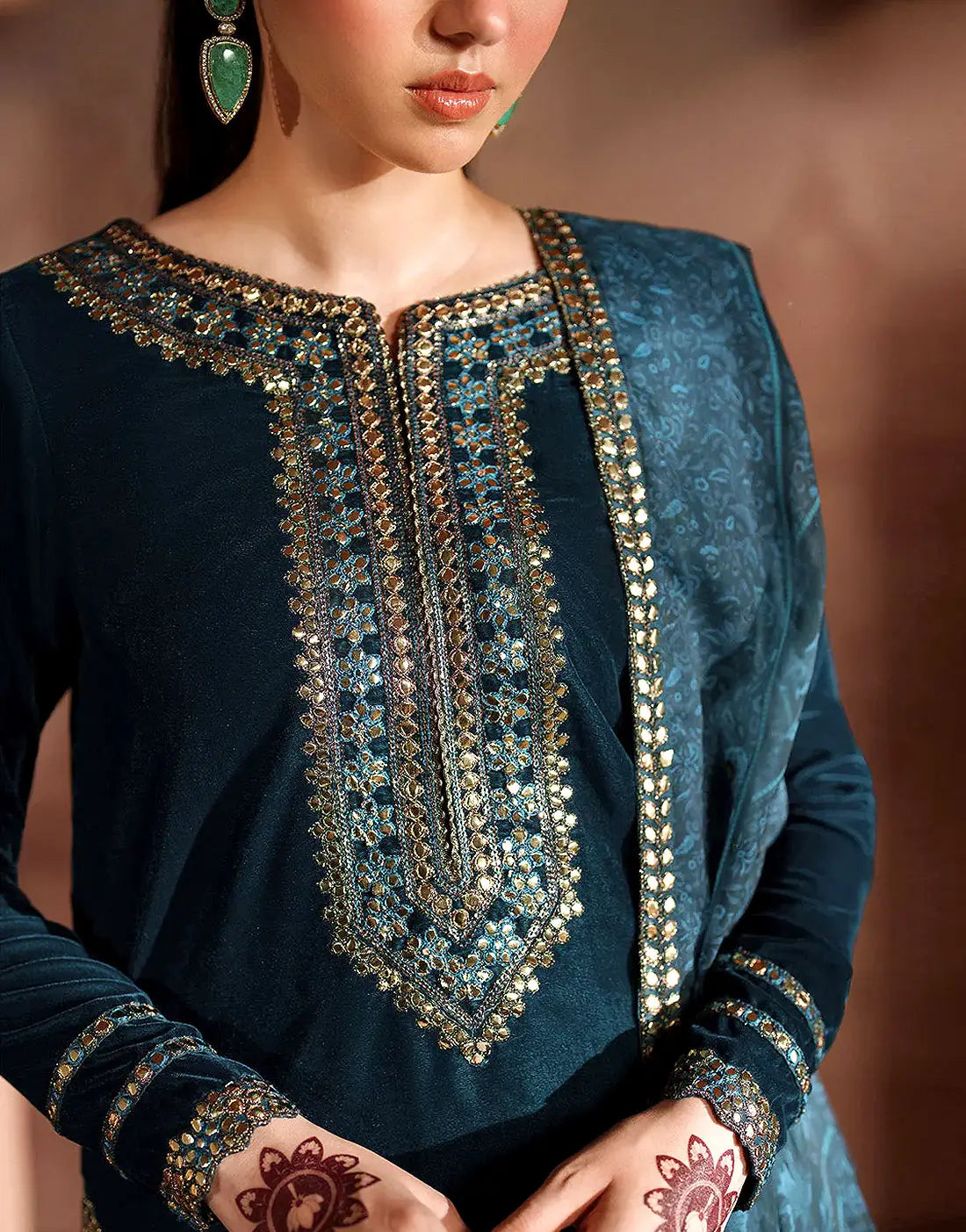Glamorous Embroidered Peacock Blue Velvet Dress for Weddings & Parties